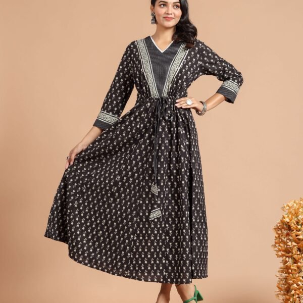Black Printed Flared Maxi Dress with Waist Tie-Up & V-Neck