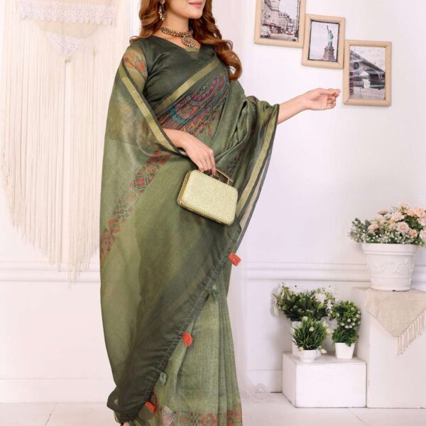 Olive Green Chanderi Saree with Multicolor Geometric Border & Tassels ? Festive & Wedding Wear