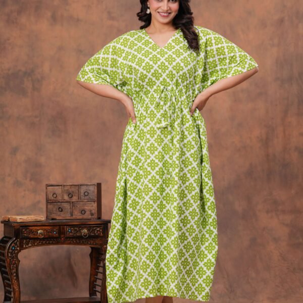 Women's White & Green Cotton Printed Kaftan Dress with Drawstring Waist