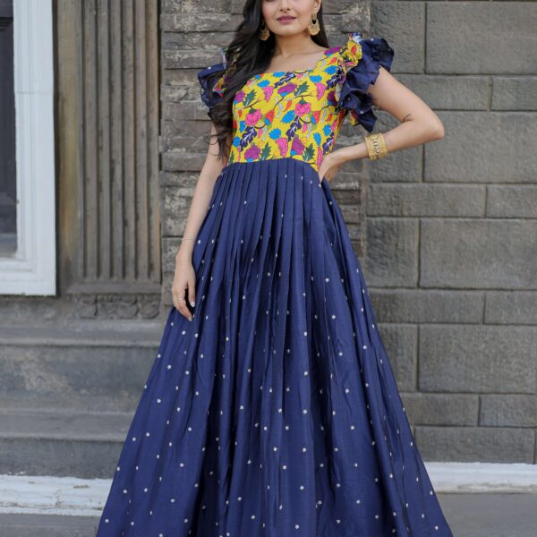 Blue Maslin & Chinon Designer Gown with Embroidery ? Elegant Ready-to-Wear Women?s Dress