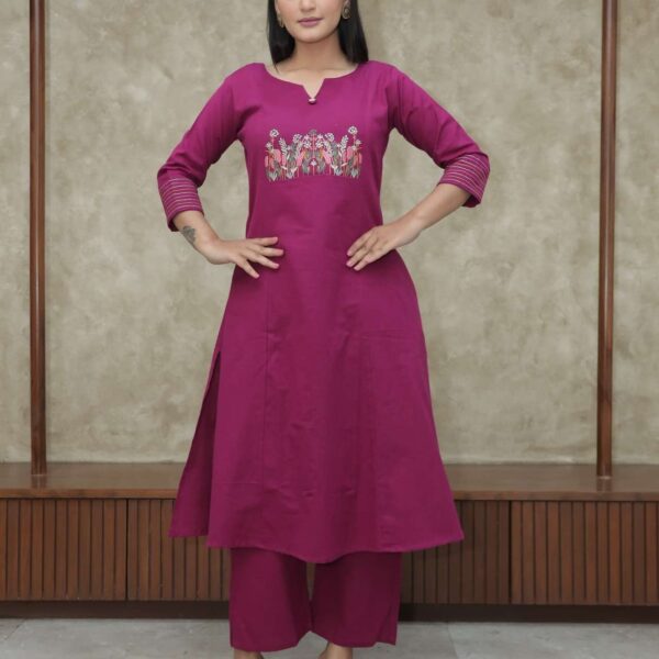 Women's Cotton Embroidered Straight Kurti With Pant Set