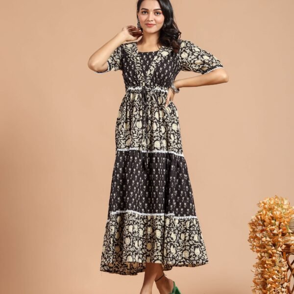 Black & Beige Printed Tiered Maxi Dress with Short Sleeves & Waist Tie ? Ethnic Boho Fusion Wear