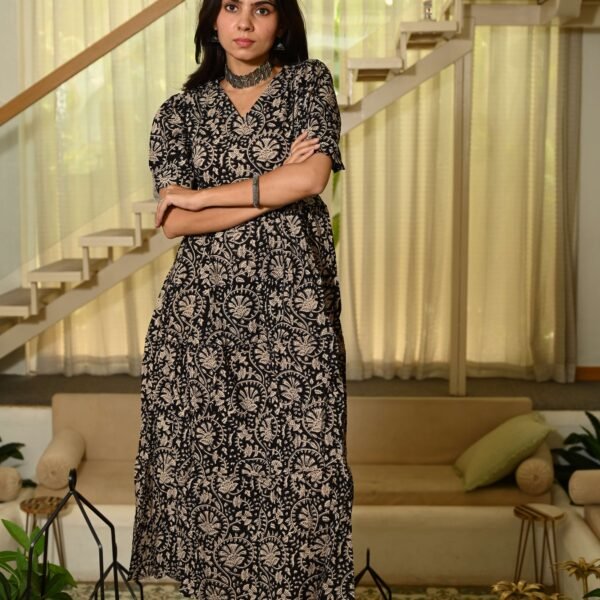 Black Printed Cotton Anarkali Maxi Dress with Puff Sleeves Elegant Casual Wear