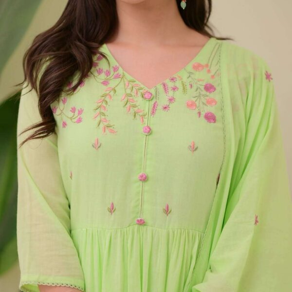 Women's Cotton Embroidered Anarkali Kurti With Pant and Dupatta set