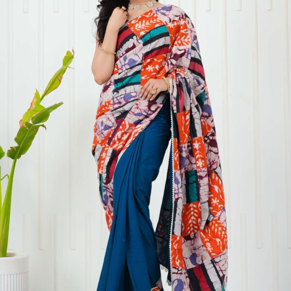 Women's Multicolor Abstract Patchwork Printed Saree with Blue Base Blouse Piece Elegant Ethnic Wear