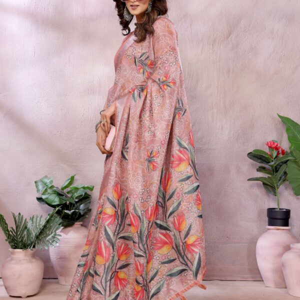 Peach Floral Print Linen Shimmer Saree