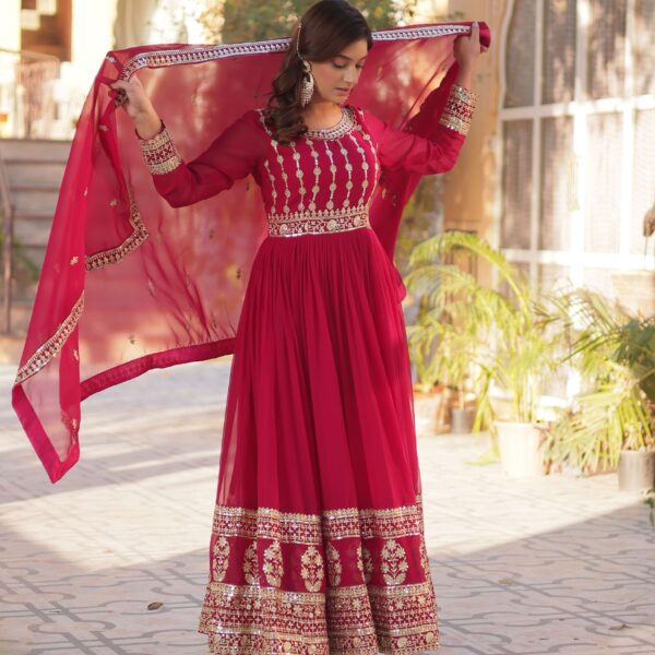 Pink Faux Blooming Gown with Zari & Sequins Embroidered Dupatta with Designer Lace Border
