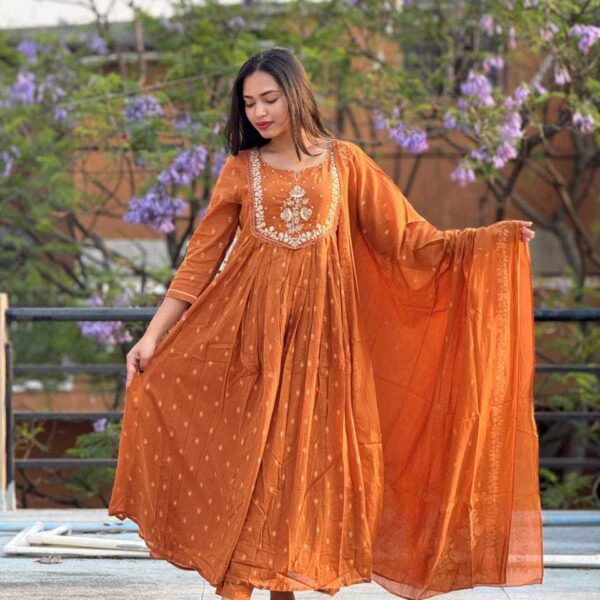 Women's Cotton Embroidery Anarkali Kurti and Pant with Dupatta Set