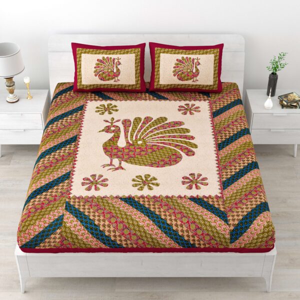 Rajasthani Traditionally Printed Cotton Doublebed Bedsheet With Pack of 2 Pillow Covers