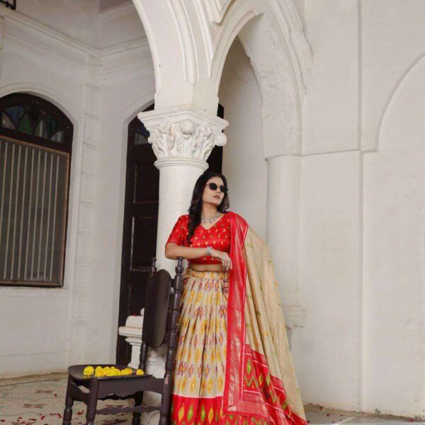 Scarlet Yellow Dola Silk Lehenga Choli with Red Blouse | Patola Print & Foil Work | Wedding & Festive Wear