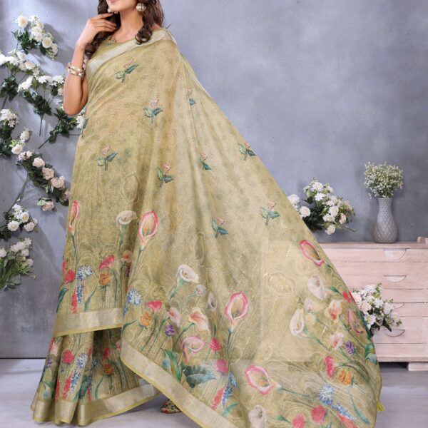 Artistic Olive Green Floral Printed Linen Shimmer Saree with Tassel Accents
