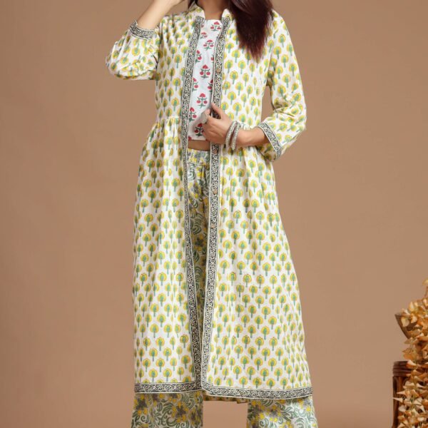 Women's Printed Long Shrug with Crop Top & Floral Print Pant Set