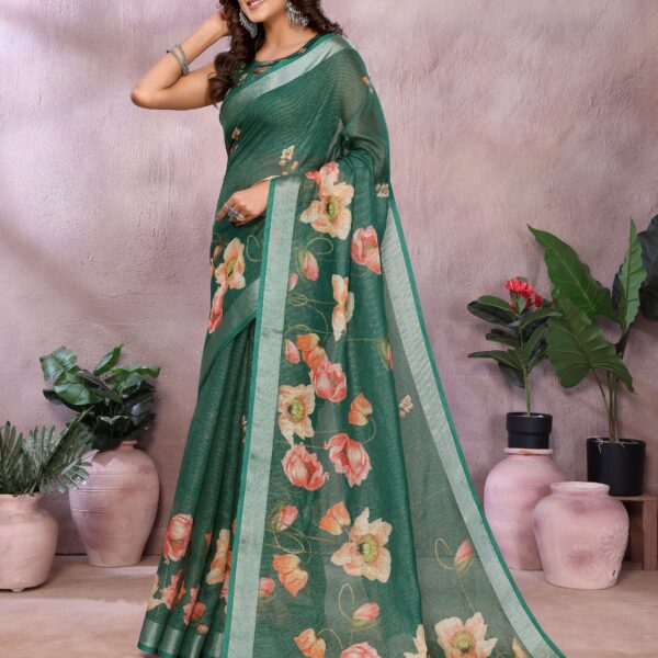 Green Floral Linen Shimmer Saree with Peach & Cream Prints ? Elegant Festive Wear