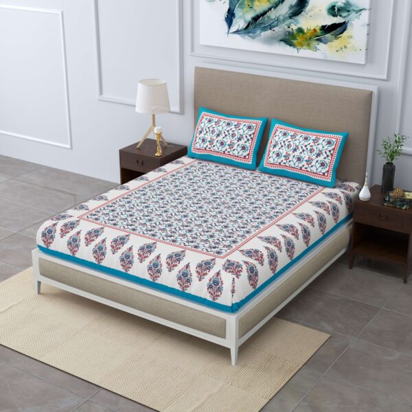 Rajasthani Jaipuri-Stylish Printed Cotton Double Bedsheet With Two Matching Pillow Covers.