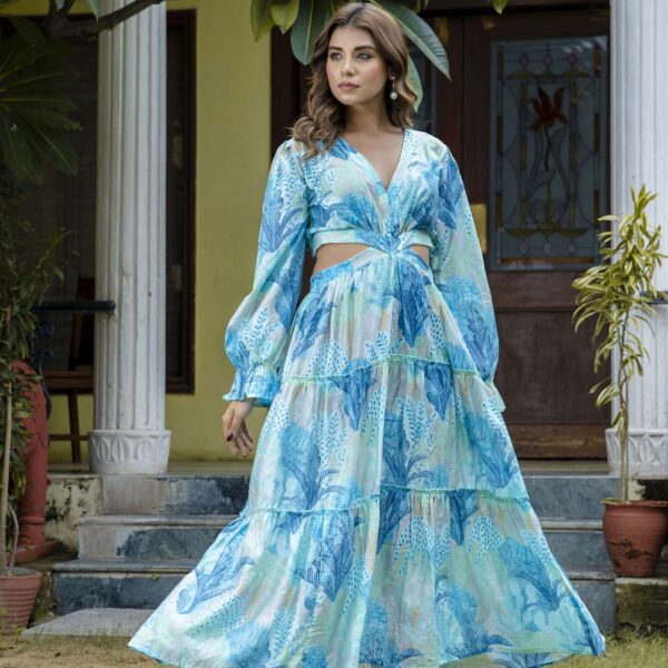 Women's Silk Printed V-Neck Long Bell Sleeves Tiered Maxi Dress Gown