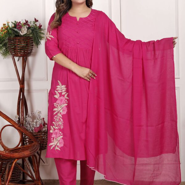 Women's Cotton Embroidered Straight Kurti With Pant and Dupatta Set (Pink)