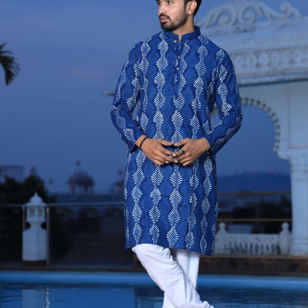 Mens Blue Handblock Printed Cotton Kurta with White Pajama ? Stylish Ethnic & Festive Wear