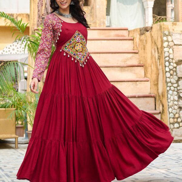 Maroon Navratri Special 14 Kg Reyon Designer Gown with Kutchi Gamthi & Cotton Print Work