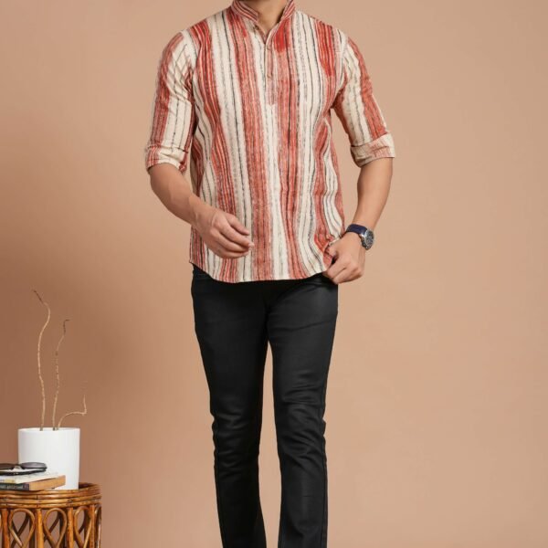 Men's Cotton Red & Beige Striped Casual Kurta ? Daily & Festive Wear