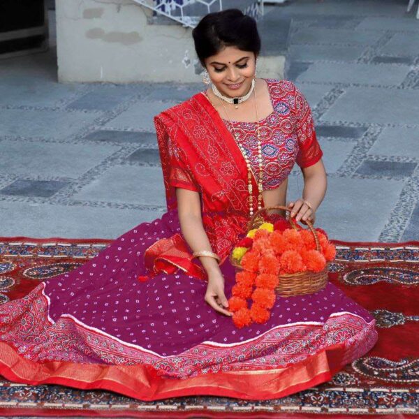 Purple Tussar Silk Lehenga Choli with Red Blouse | Patola Print & Foil Work | Wedding & Festive Wear