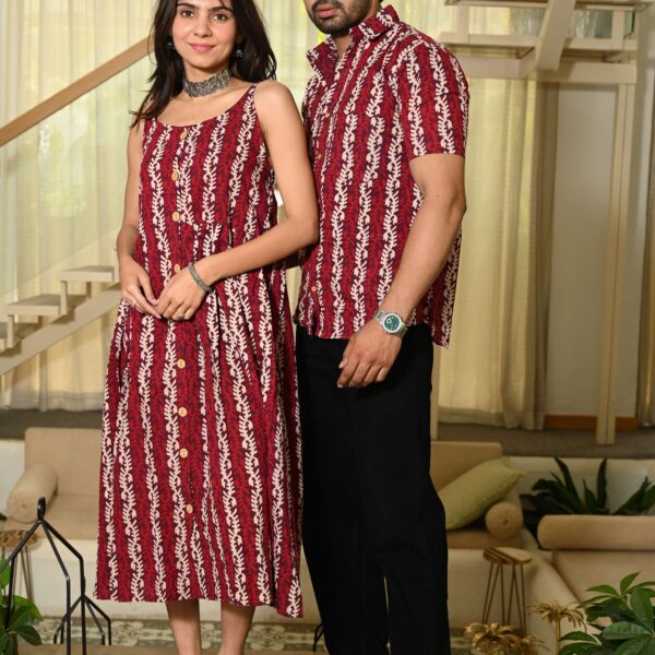 Couple Matching Outfit ? Maroon & Cream Vine Print Cotton Midi Dress & Shirt Set, Ethnic Casual Wear