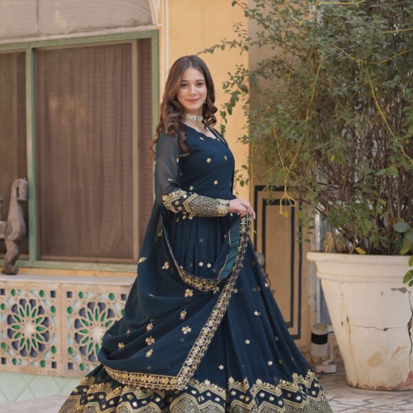 Rama Faux Blooming Georgette Designer Gown with Zari & Sequins Embroidered Dupatta