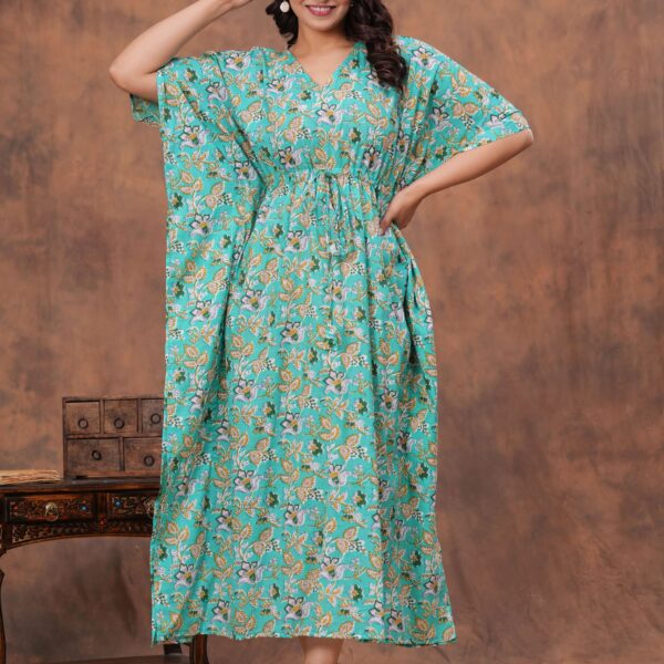 Women's Aqua Blue Cotton Floral Printed Kaftan Dress with Drawstring Waist