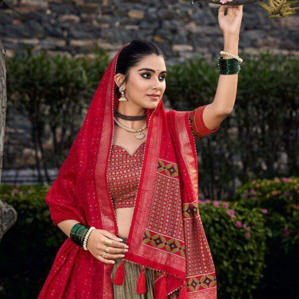 Green Tussar Silk Lehenga Choli with Red Blouse | Floral & Foil Print | Wedding & Festive Wear