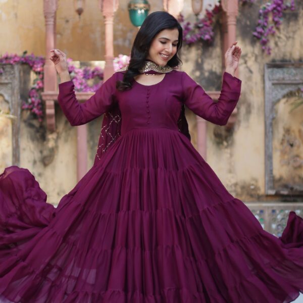 Wine Star Georgette Fully Flared Gown with Sequins Embroidered Dupatta