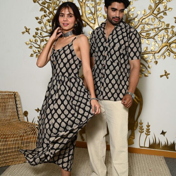 Couple Matching Outfit ? Black Cotton Printed Midi Dress & Shirt Set, Summer Casual Wear