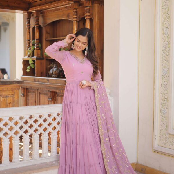 Purple Faux Georgette Designer Gown with Sequined Dupatta ? Fully Flared Elegant Ready-to-Wear Set