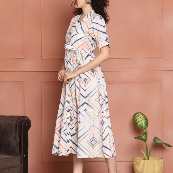 Women's Cotton Printed A-Line Midi Dress | Short Sleeve Flared Gown Dress (White)