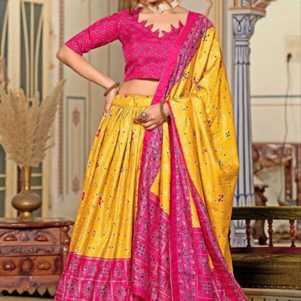 Yellow Dola Silk Lehenga Choli with Pink Blouse & Minakari Foil Print | Haldi & Wedding Wear
