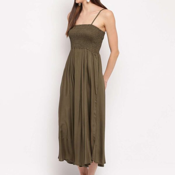 Women's Viscose Rayon Solid Shoulder Straps Sleeveless Flared Gown Drees (Olive Green)
