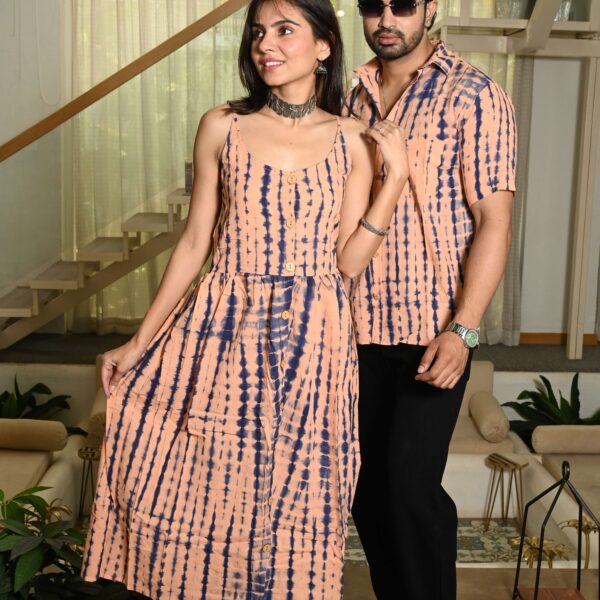 Couple Matching Outfit ? Peach Cotton Printed Midi Dress & Shirt Set, Casual Summer Wear