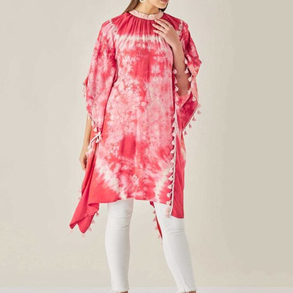 Women's Cotton Tie Dye Print Knee Length Mock Neck, Long Sleeve Kaftan Drees ( Red )