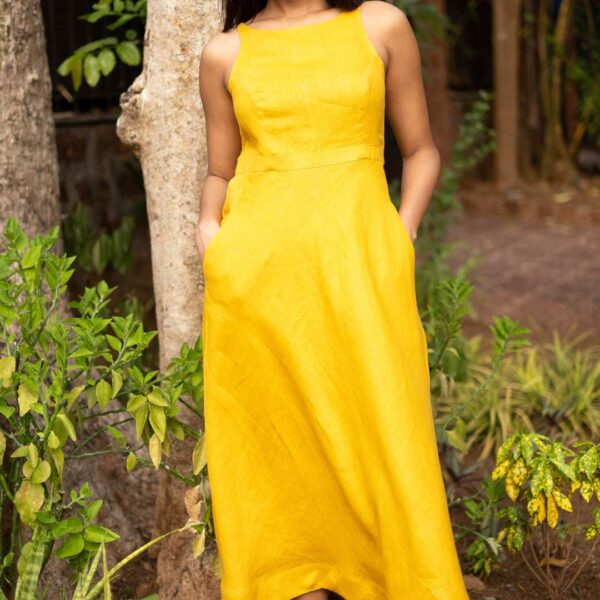 Women's Cotton Solid Pain Sleeveless Cutaway Midi Dress Midi Dress Stylish Western One Piece Casual Dress  ( Yellow )