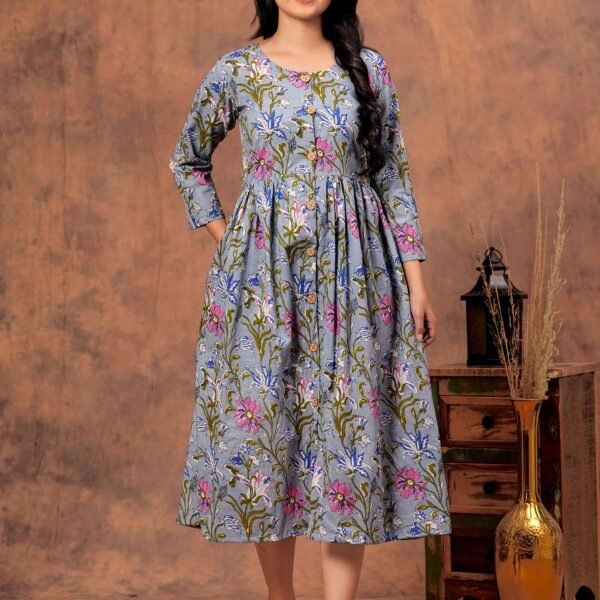 Purple Floral Printed Cotton A-Line Dress with Button-Down Front