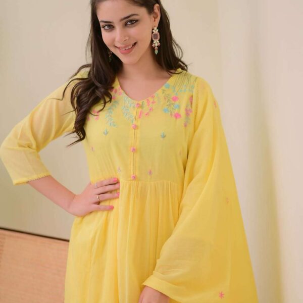 Women's Cotton Embroidered Anarkali Kurti With Pant and Dupatta set