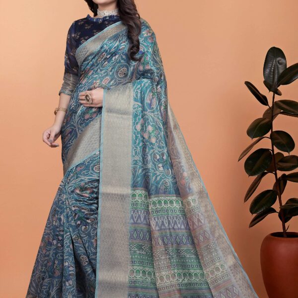 Peacock Blue Soft Silk Saree with Floral Zari Weave & Multi-Color Pallu