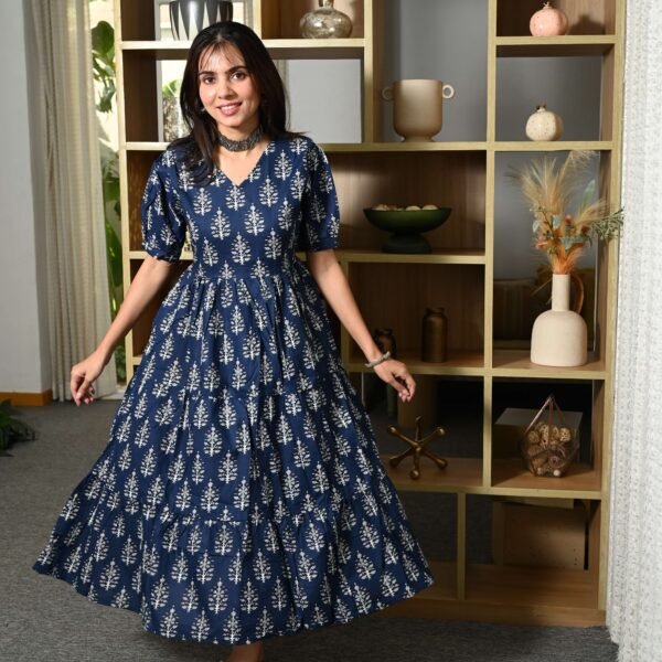 Navy-Blue Printed Cotton Anarkali Maxi Dress with Puff Sleeves Elegant Casual Wear