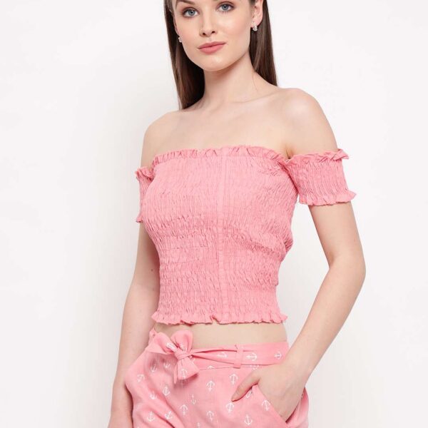 Women's Rayon Solid Off-Shoulder Smocked Crop Top Short Sleeve Casual Styles Tank Top (FREE SIZE) Multi16