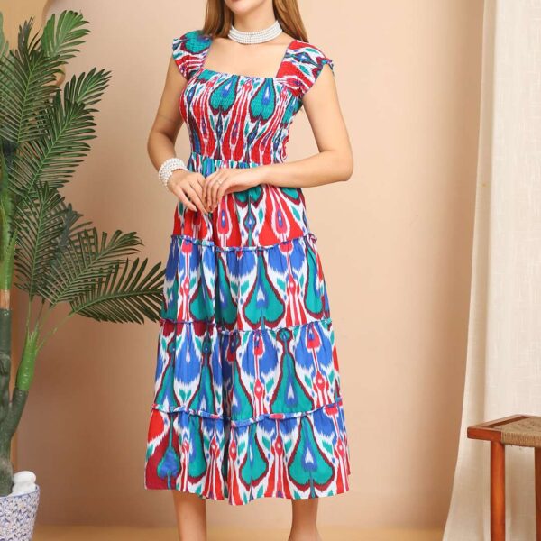 Women's Viscos Rayon Printed Off Shoulder Midi Dress For Summer And Casual Wear (Yellow)