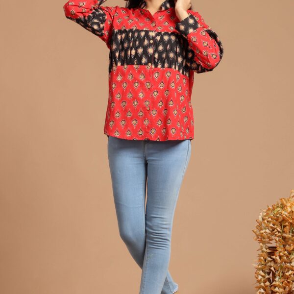 Women?s Red And Black Floral Printed Cotton Long Sleeve Shirt Top ? Casual & Office Wear