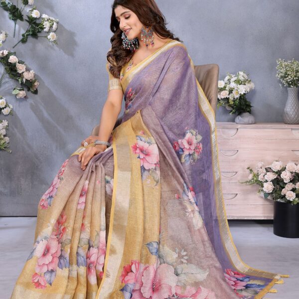Yellow & Lavender Floral Print Linen Shimmer Saree