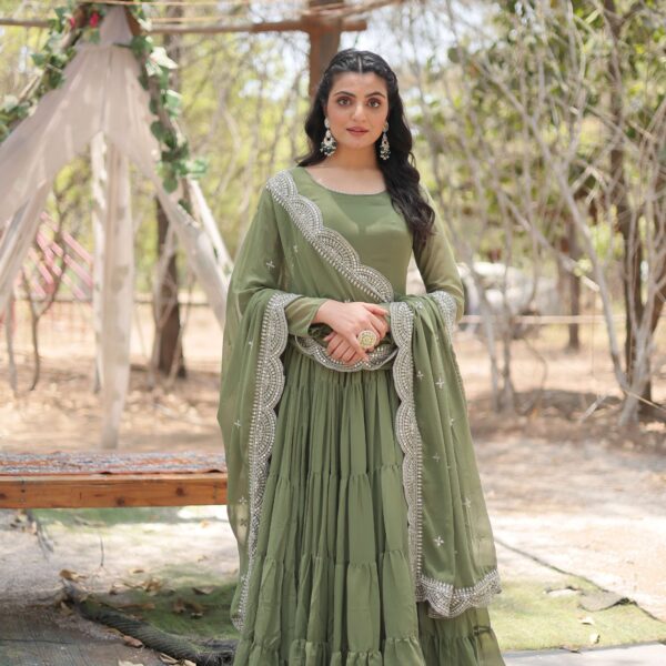 Mehandi Premium Faux Georgette Designer Gown with Sequined Dupatta ? Fully Flaired Ready-to-Wear Set