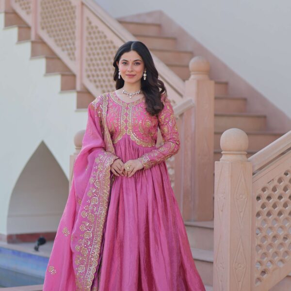 Pink Premium Gold Crush Sequins & Multi-Embroidered Gown with Dupatta ? Partywear