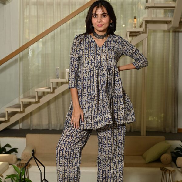 Blue Floral Block Print Cotton Co-ord Set for Women ? Peplum Kurta with Straight Pants