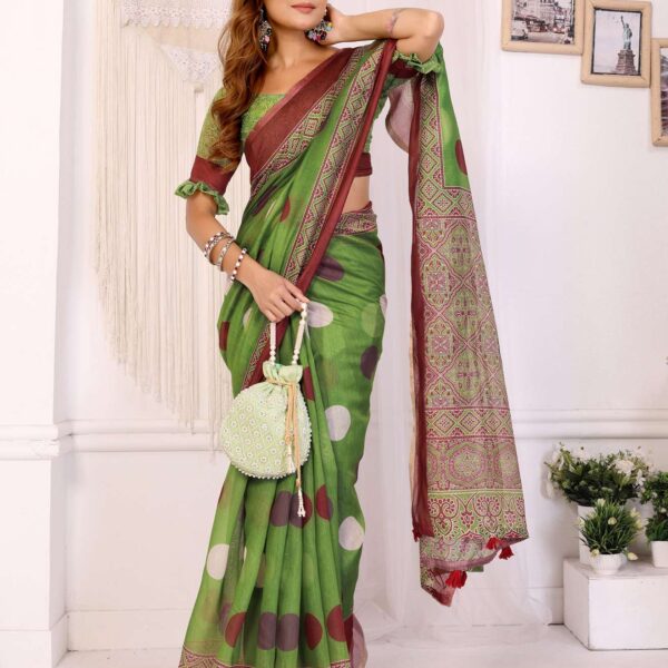 Green & Maroon Chanderi Saree with Multi-Color Polka Dot Prints ? Festive Ethnic Charm