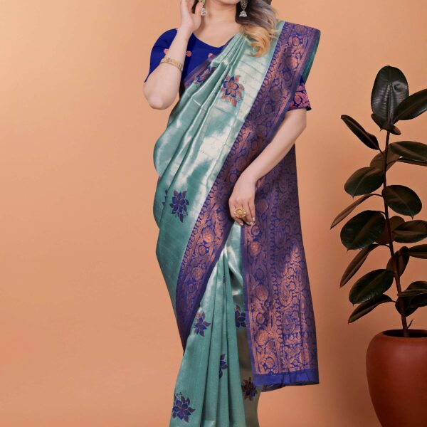 Celestial Grace Mint Green Banarasi Silk Saree with Royal Blue & Copper Zari Work | Wedding, Reception & Festival Wear